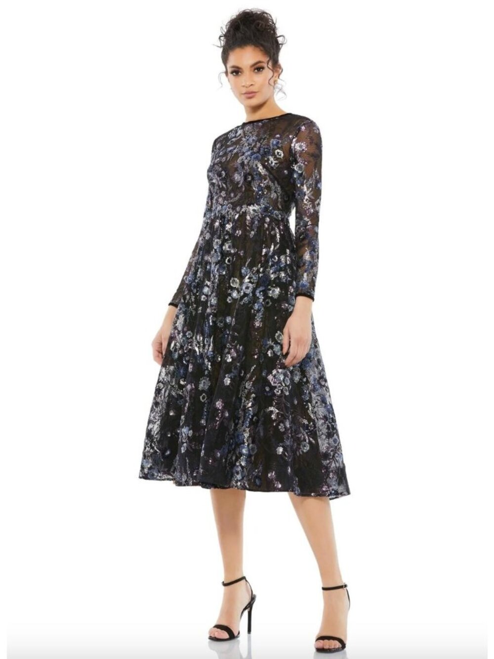 Mac Duggal 67851 Embellished Floral Illusion Long Sleeve Midi Dress Size 14